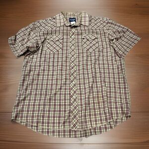 Vintage Wrangler Western Short Sleeve Tan/Red/Black Pearl Snap Shirt Sz 18T/2XLT